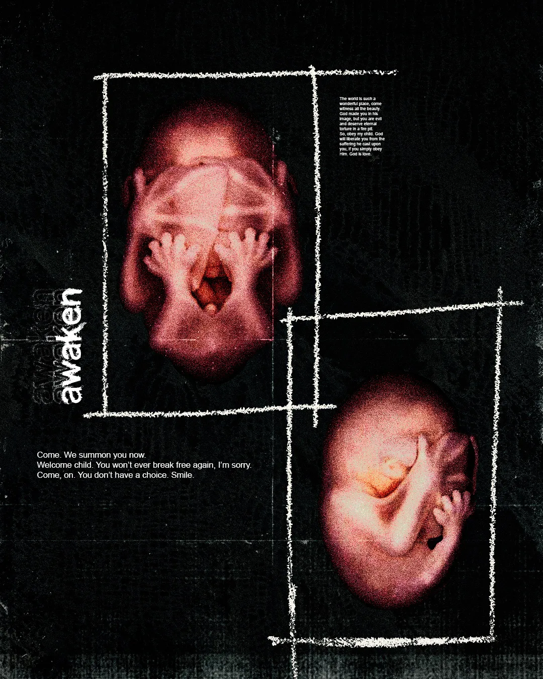 poster desing representing a human fetus from 2 different perspectives